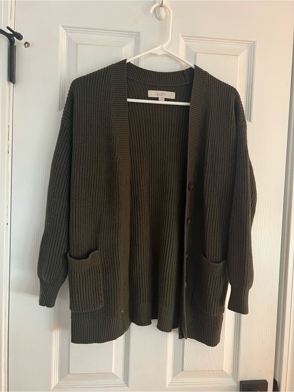 LOFT Dark Olive Ribbed Button-Front Cardigan